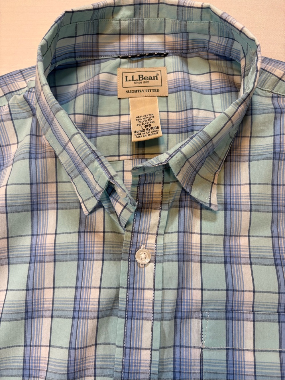 LL Bean Mens Large Regular Plaid Button Down Shirt Slightly Fitted Mint Blue